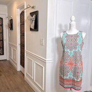 London Style Womens Printed Dress Mini Sleeveless Back Zipper Cotton Blue Pink